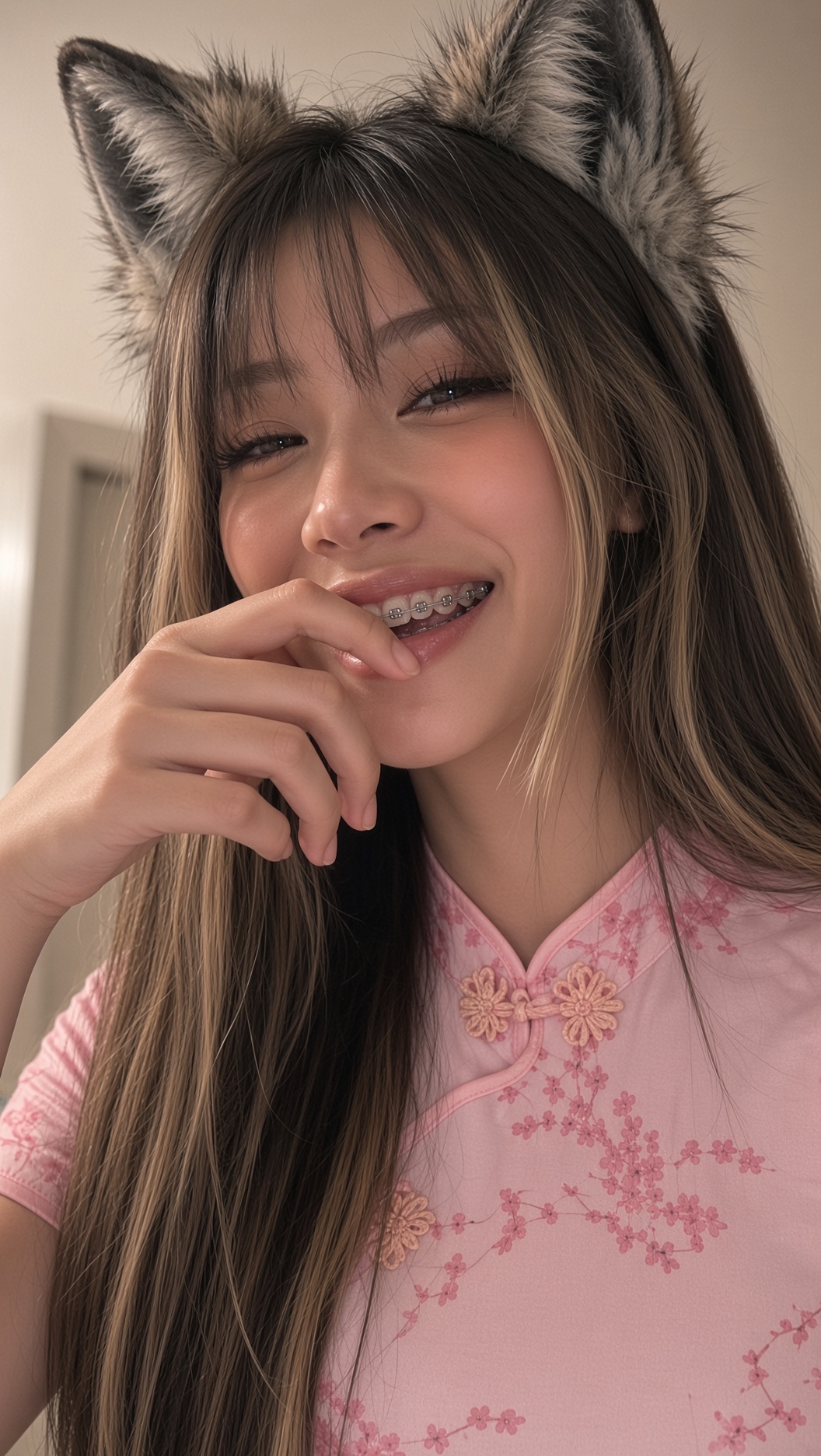 Primela Rose AI Asian girl and AI Chinese girl in pink cherry blossom qipao with neko ears and braces