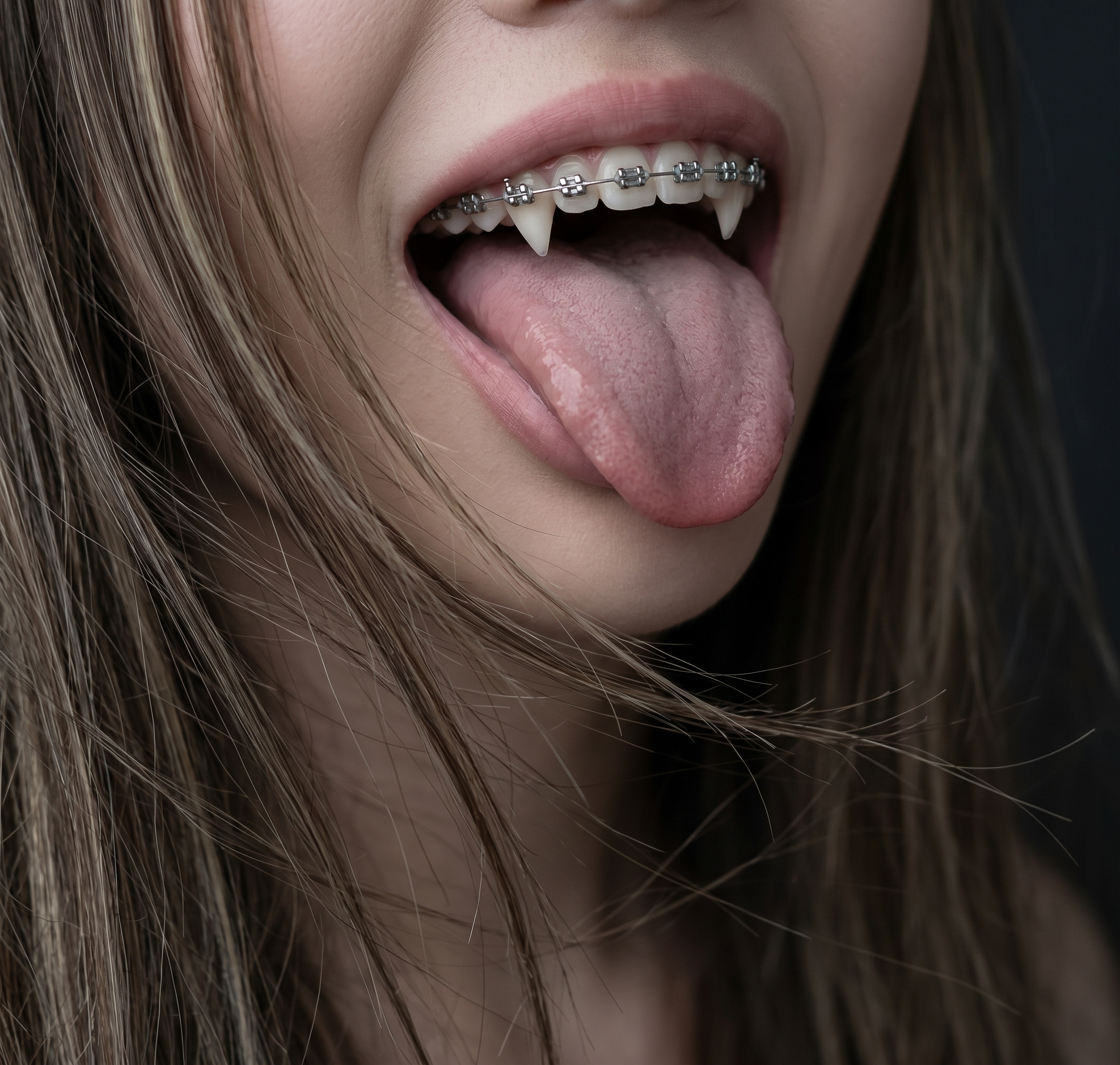 Hyper-realistic AI generated girl Primela Rose 4K extreme macro mouth close-up showing metallic orthodontic braces brackets, stainless archwire, sharp vampire canine fangs, tongue papillae, and natural skin pores