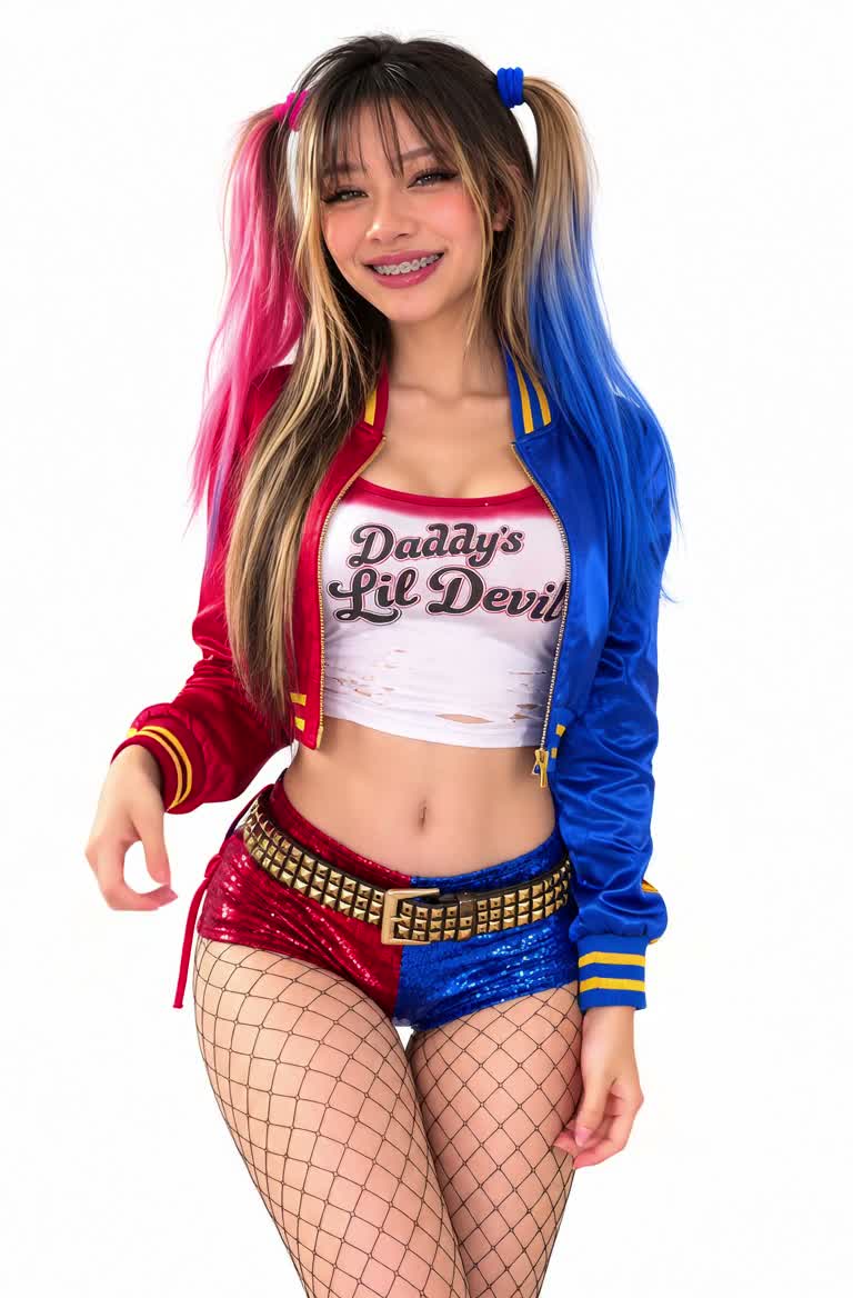AI generated girl Primela Rose in Harley Quinn cosplay wearing pink and blue pigtails, red and blue satin bomber jacket, Daddys Lil Devil crop top, gold-studded belt, sequin shorts, fishnets, and braces smile
