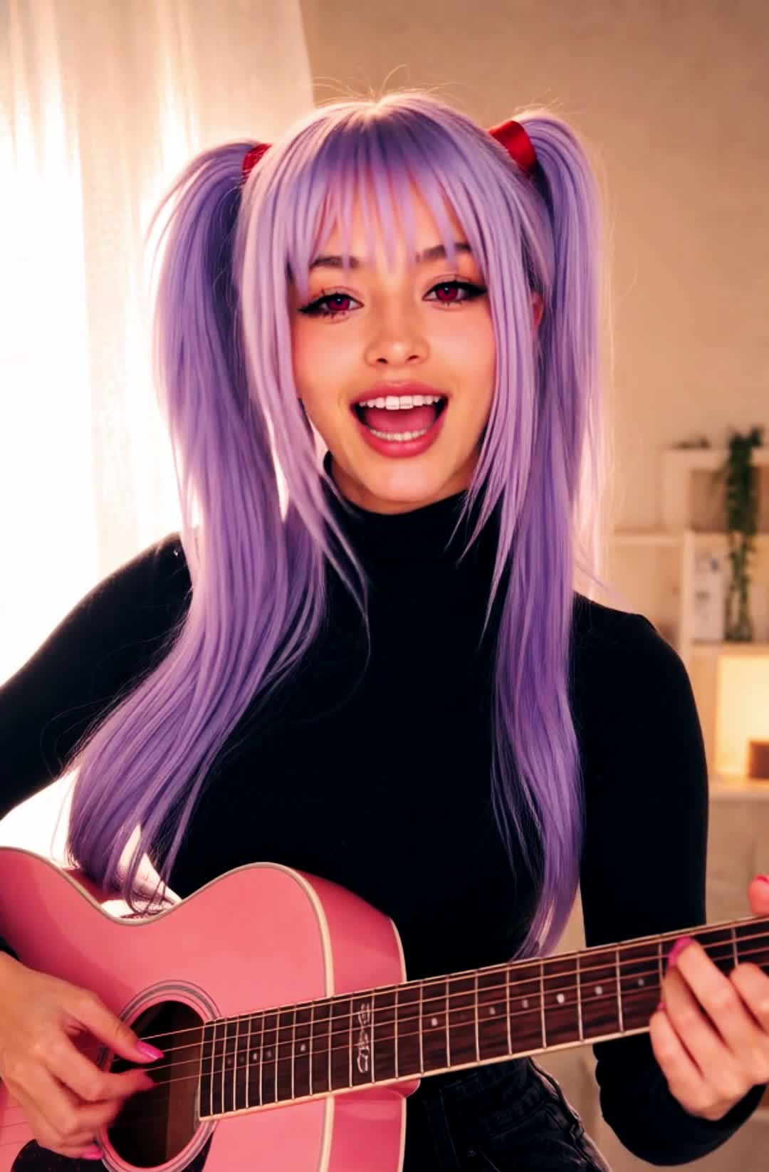 AI generated girl Primela Rose with pastel lavender twin-tails, red hair ribbons, glowing crimson anime eyes, and a black turtleneck playing a pink acoustic guitar and singing in a sunlit studio
