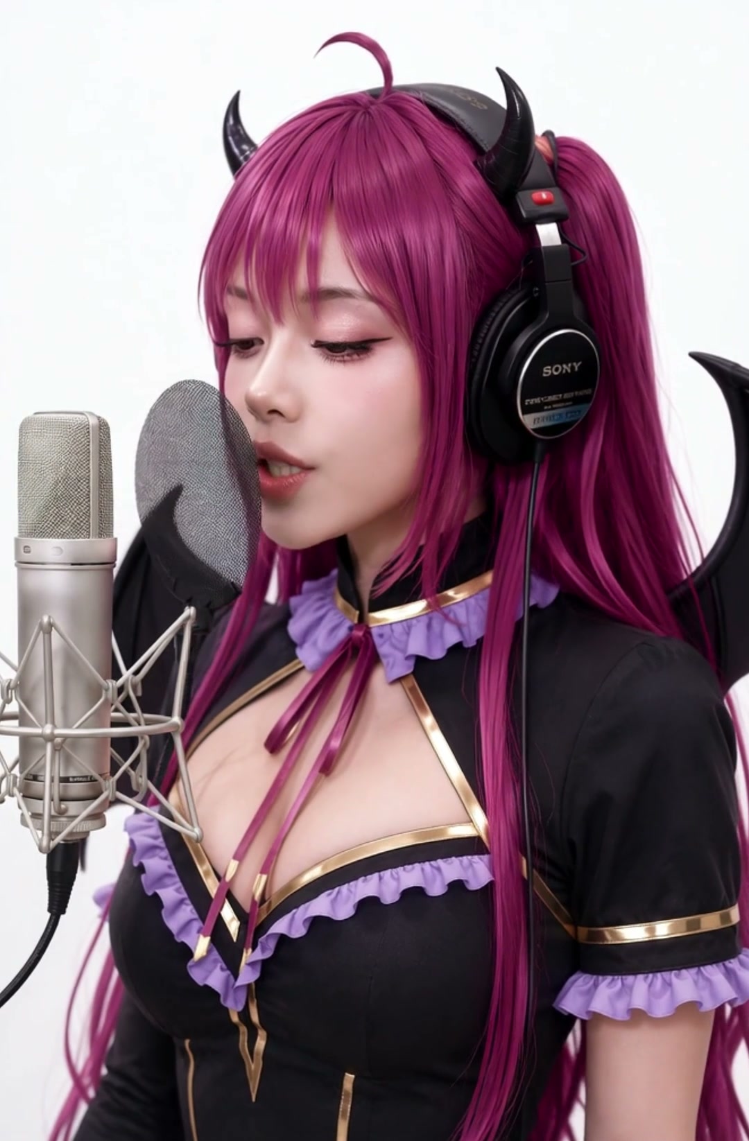 AI generated girl Primela Rose with magenta twin-tails, glossy black demon horns, black bat wings, lavender-trimmed Gothic dress, and Sony MDR-7506 studio headphones singing into a condenser microphone