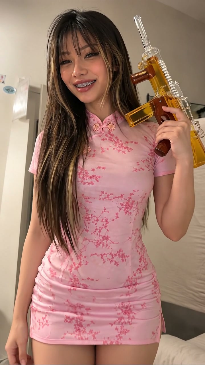 AI generated girl Primela Rose in a pastel pink cherry-blossom Chinese qipao mini dress with blonde highlights and metallic braces holding an amber glass novelty decanter in HD