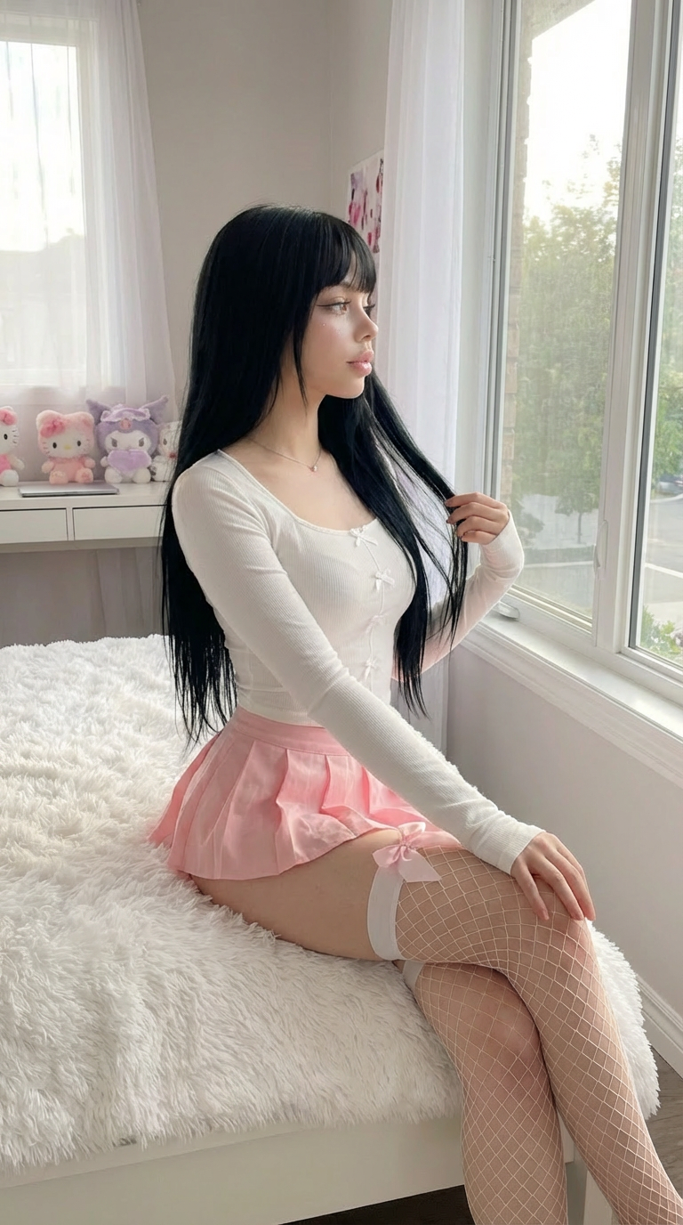 AI generated girl Primela Rose sitting on a sunlit bedroom bed in a white coquette bow long-sleeve crop top, pastel pink pleated mini skirt, and white diamond fishnet stockings with pink satin bows beside Hello Kitty and Kuromi plushies in 4K