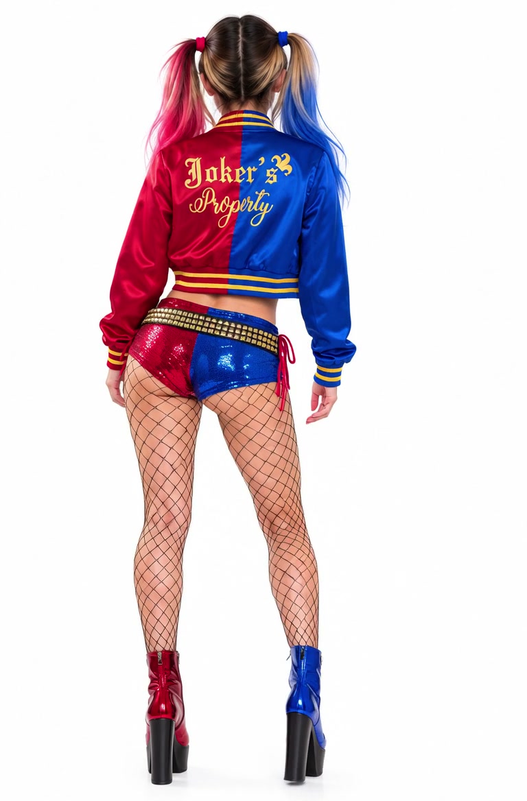 AI generated girl Primela Rose in full-body Harley Quinn cosplay wearing a red-and-blue Joker’s Property satin bomber jacket, sequin shorts, diamond fishnet stockings, and mismatched red and blue high-heel boots