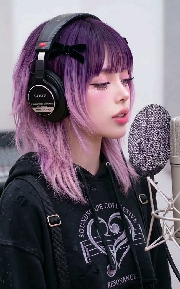AI generated girl Primela Rose with purple-to-lavender ombre wolf-cut hair, black velvet ribbon bow, pink glitter Douyin eyeshadow, Sony MDR-7506 studio headphones, and black Soundscape Collective hoodie singing into a condenser microphone