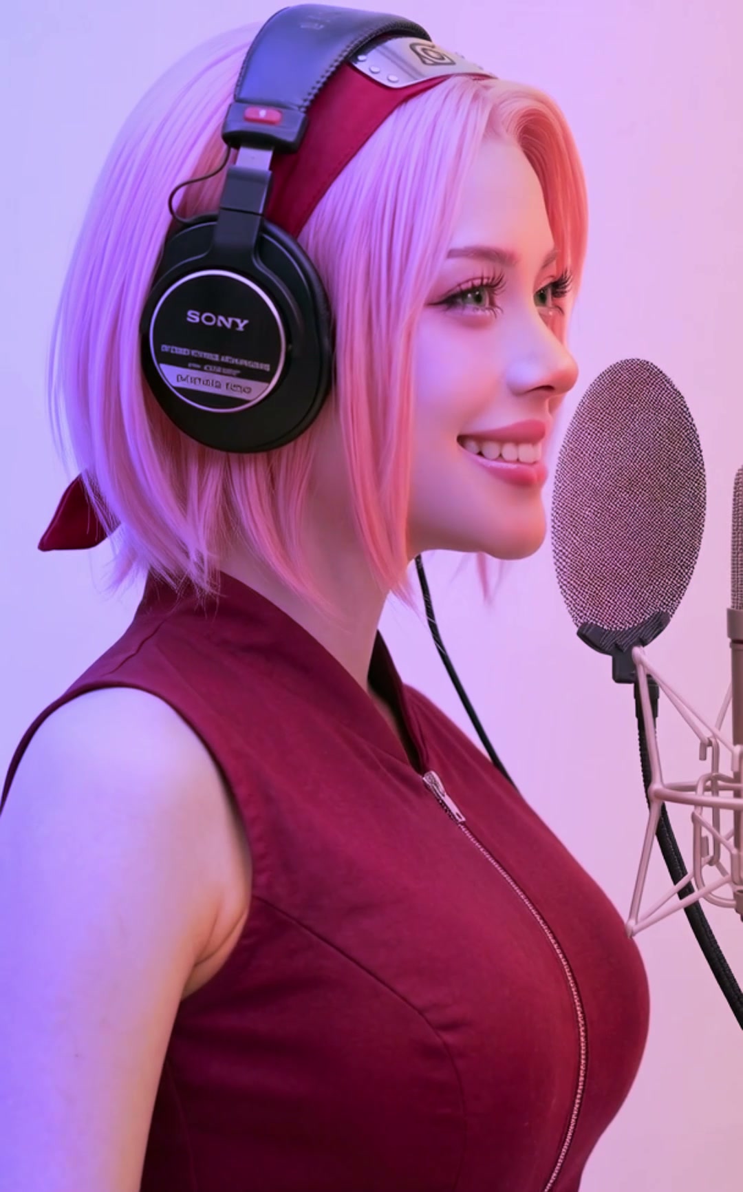 AI generated girl Primela Rose in Sakura Haruno Naruto anime cosplay with pastel-pink bob hair, red Konoha forehead protector headband, burgundy zippered kunoichi top, and custom Primela Rose Sony MDR-7506 studio headphones singing into a condenser microphone