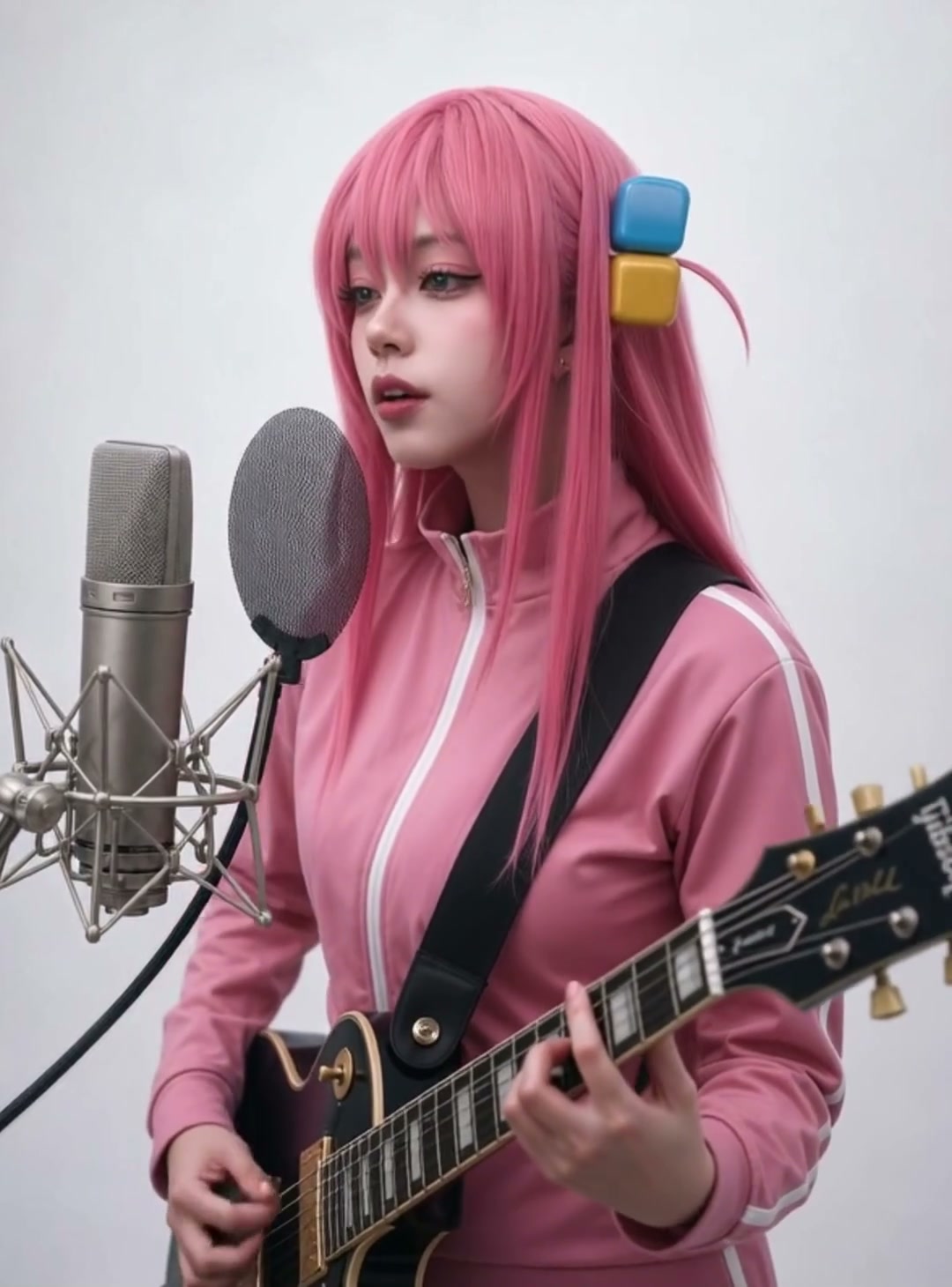 AI Generated Girl Realistic AI waifu and cosplay girl Primela Rose in Hitori Bocchi Gotoh (Bocchi the Rock!) anime cosplay with bubblegum-pink long hair, blue and yellow cube hairpins, pink zip-up tracksuit jacket, playing a black-and-gold Gibson Les Paul Custom electric guitar