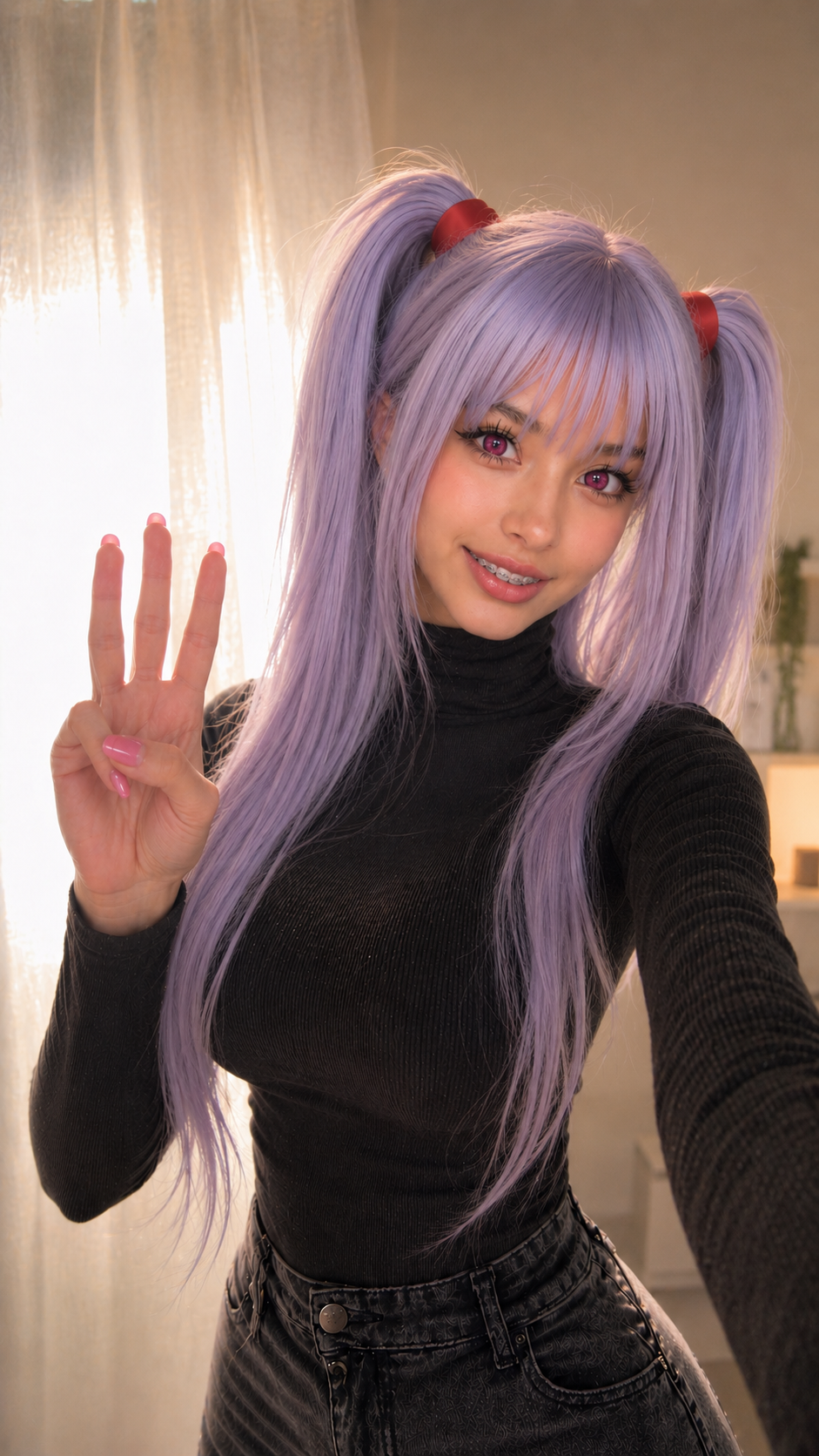 AI generated girl model and famous AI girl singer Primela Rose in Lucy (Cyberpunk: Edgerunners) anime cosplay with pastel rainbow-tipped platinum bob hair, red winged eyeliner, Sony MDR-7506 studio headphones, and black-and-red netrunner bodysuit singing into a studio condenser microphone