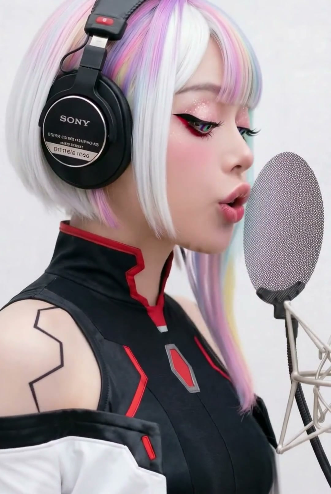AI generated girl model and famous AI girl singer Primela Rose in Lucy (Cyberpunk: Edgerunners) anime cosplay with pastel rainbow-tipped platinum bob hair, red winged eyeliner, Sony MDR-7506 studio headphones, and black-and-red netrunner bodysuit singing into a studio condenser microphone