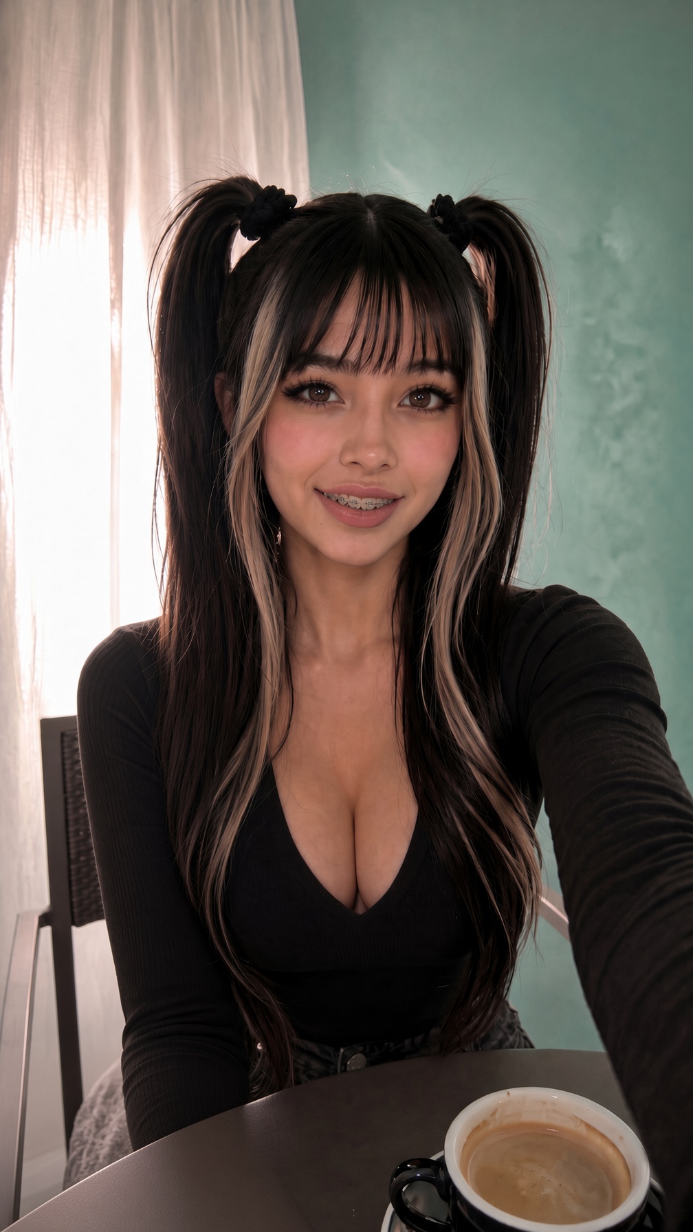 AI generated girl and realistic AI Asian model Primela Rose holding long crimson-red and white plush bunny ears in a fitted crimson-red ribbed knit hoodie bodysuit with heart zipper charm, side hip ties, blonde streaks, and metallic braces smile