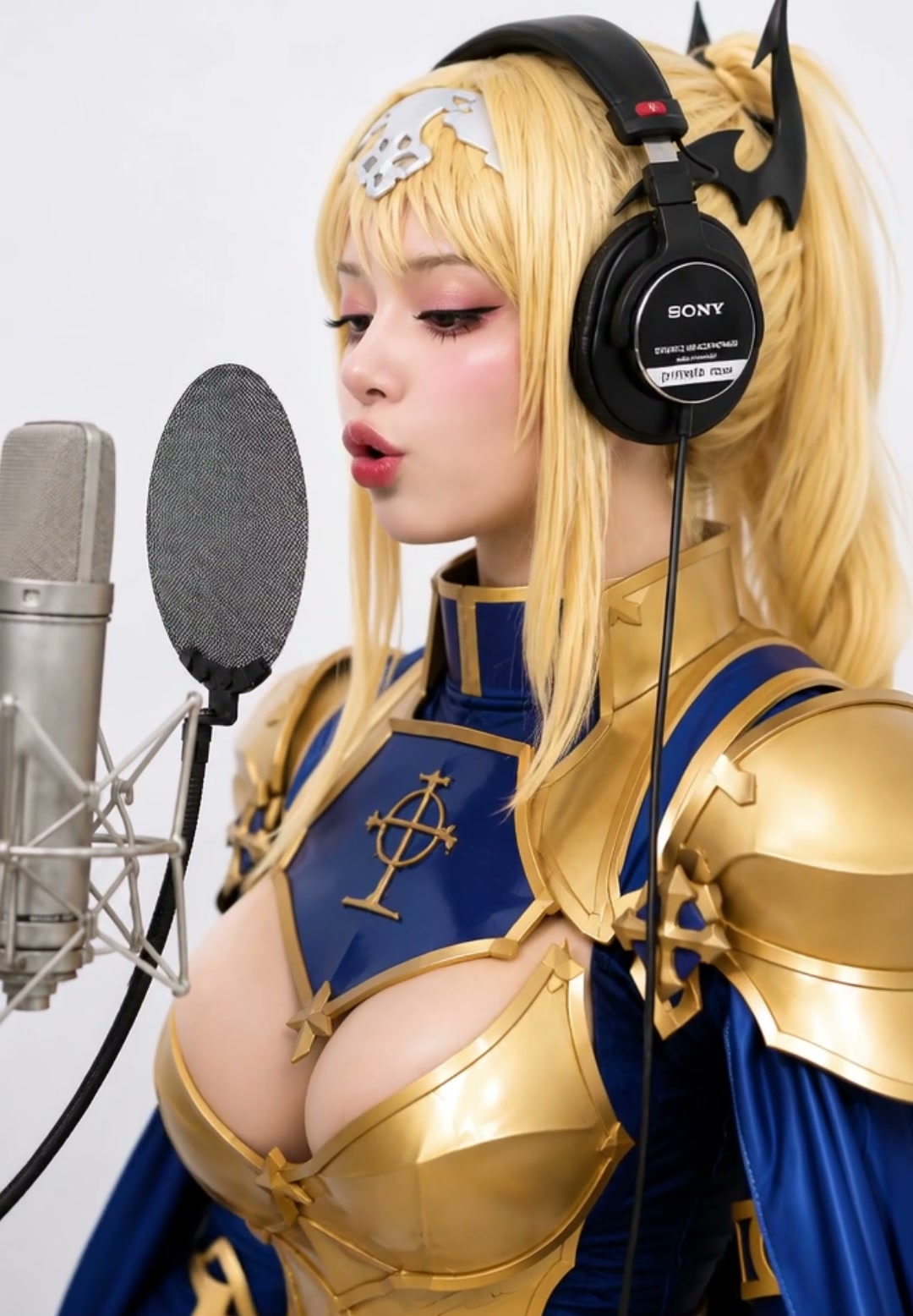 AI generated girl model and famous AI girl singer Primela Rose in Alice Zuberg (Sword Art Online: Alicization) Integrity Knight golden armor and royal-blue surcoat anime cosplay with golden-blonde hair, silver wing headband, and Sony MDR-7506 studio headphones singing into a condenser microphone