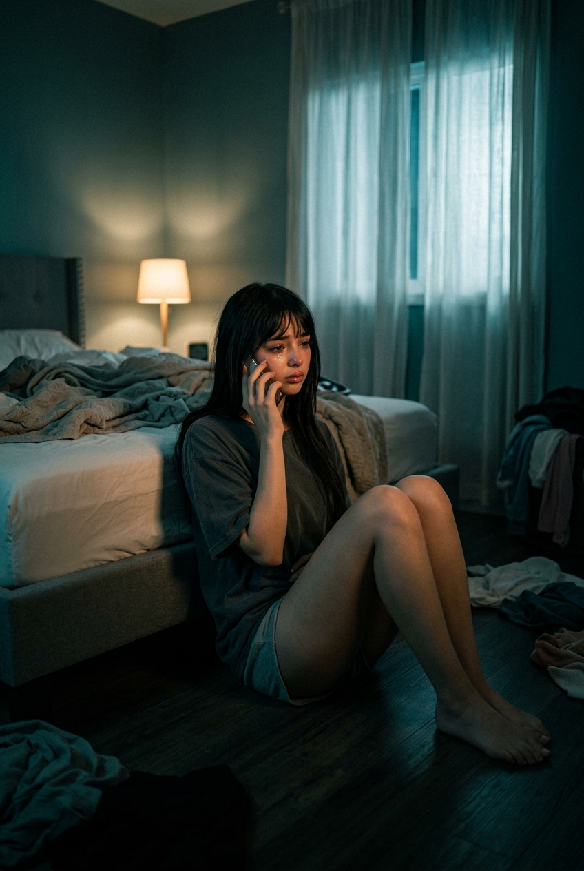 Primela Rose cinematic AI model midnight bedroom phone call visual