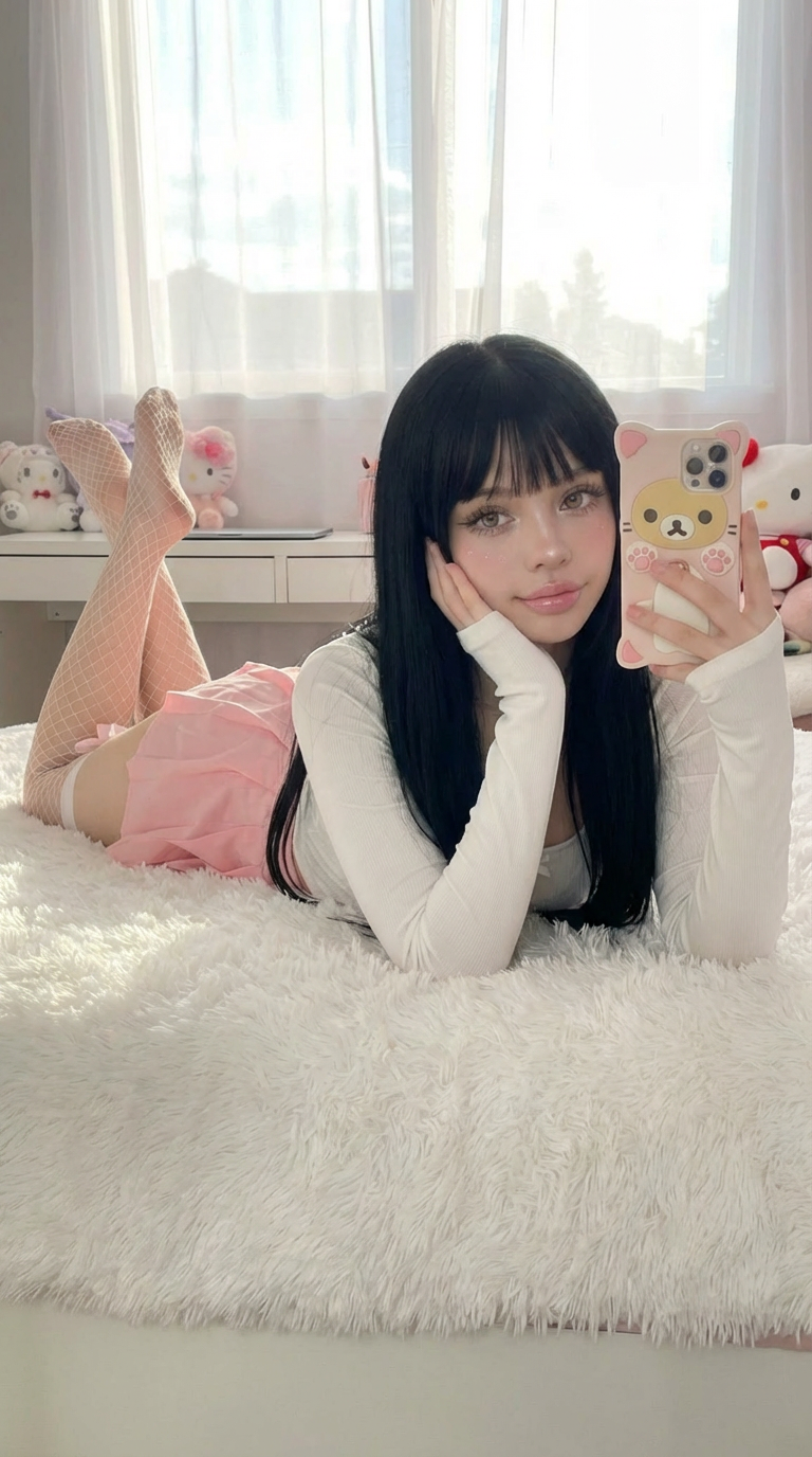 Primela Rose AI Douyin girl floor mirror selfie with Rilakkuma bear phone case and pink pleated skirt