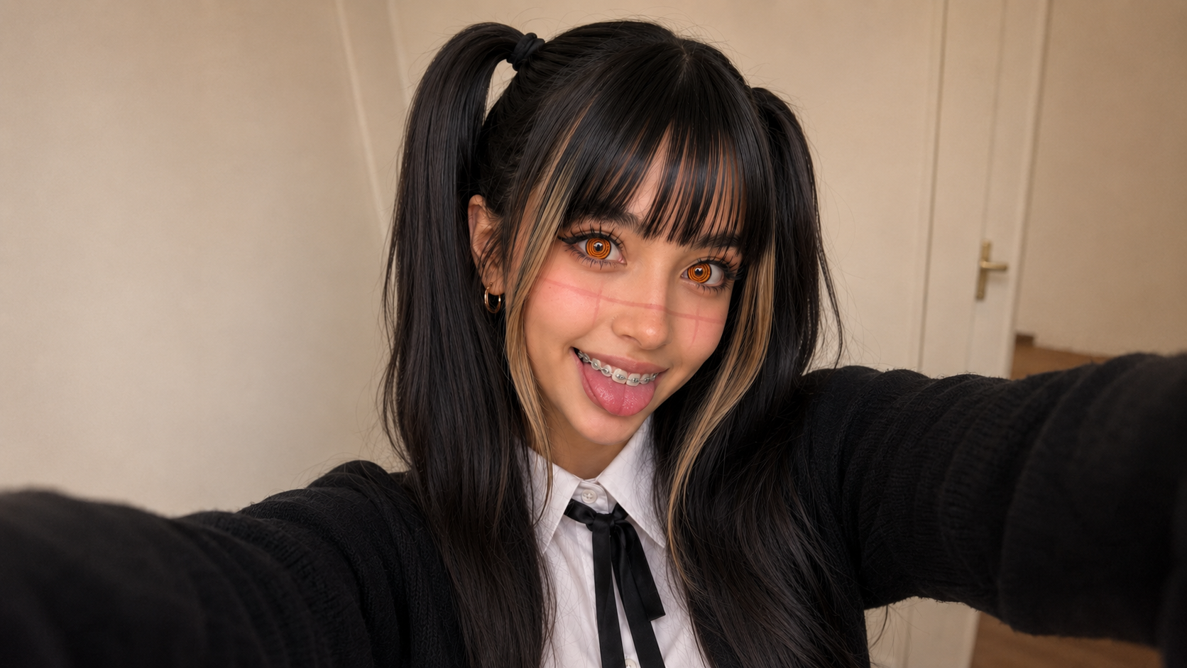 Primela Rose AI Japanese anime cosplay as Yoru War Devil from Chainsaw Man with glowing orange eyes and braces