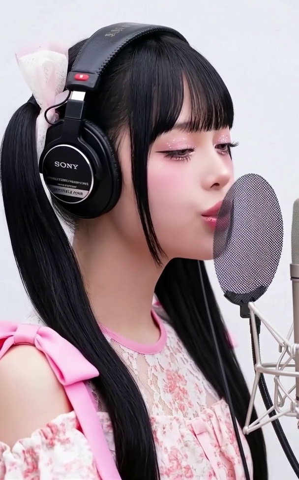 AI Generated Girl Primela Rose K-Pop AI singer performing bilingual English and Korean studio vocals with Sony headphones and pink ribbons