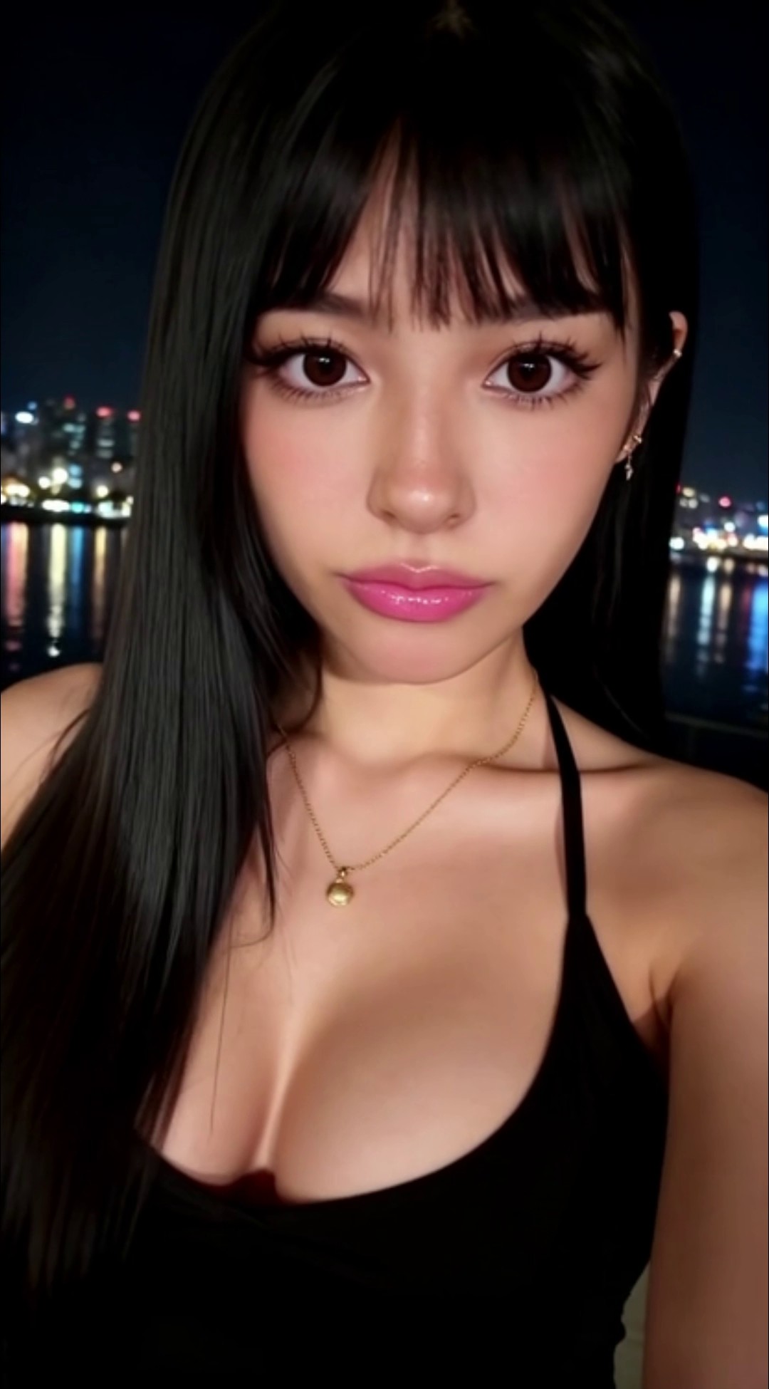 AI Generated Girl Primela Rose ABG AI model in black halter dress against illuminated night city harbor skyline