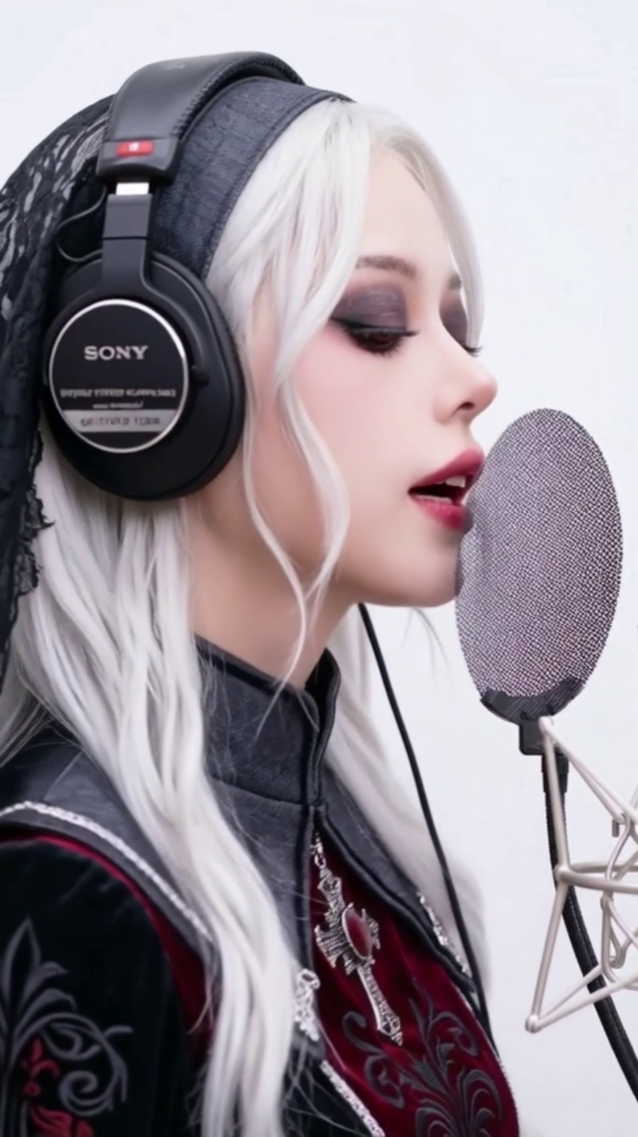 AI Generated Girl Primela Rose gothic silver-haired AI singer in black lace veil and Sony studio headphones singing Trapped In My Mind at studio microphone