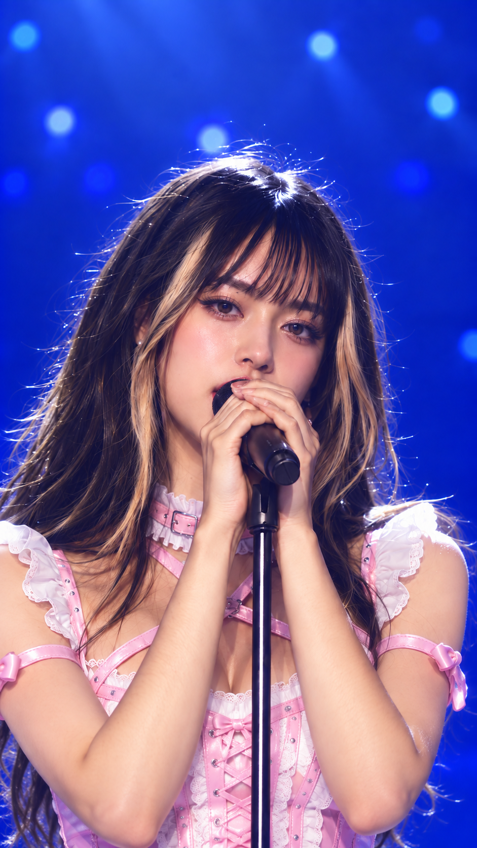 Primela Rose 4K close-up live concert portrait in pink leather harness and white lace corset singing into stand microphone under cobalt blue stage spotlights