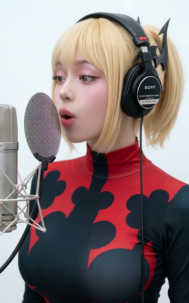 AI Generated Girl Primela Rose blonde Misa Amane style anime idol AI singer with black bat-wing hair clips and Sony studio headphones singing at condenser microphone
