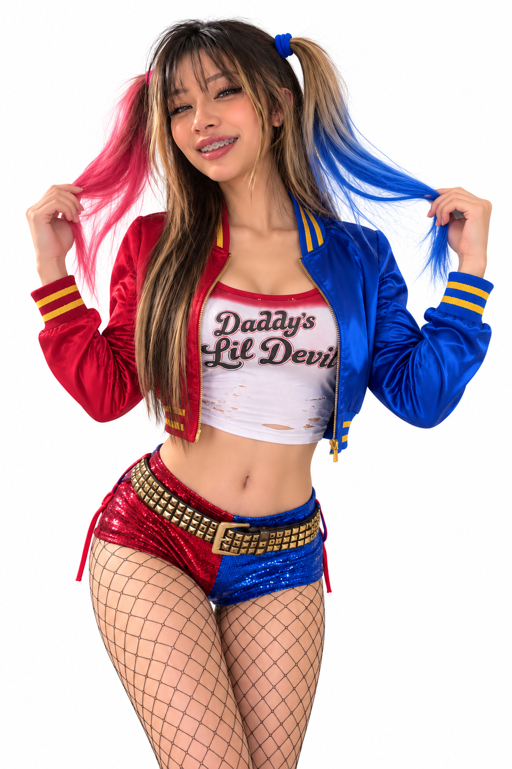 Primela Rose 4K Harley-inspired split-tone cosplay portrait with blonde hair, red and black pigtails, studded leather choker, and signature braces
