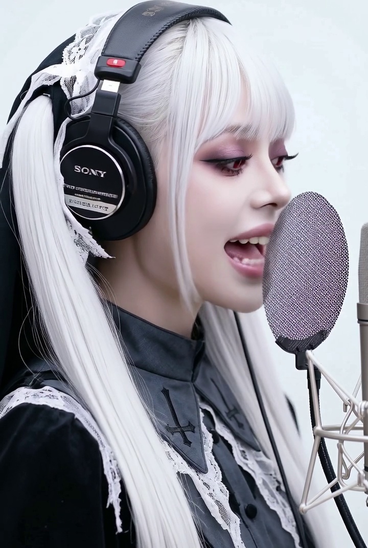 AI Generated Girl Primela Rose platinum white-haired Gothic Lolita AI singer with crimson eyes, black lace headdress, cross collar, and Sony MDR-7506 headphones singing Japanese dark-pop at studio microphone