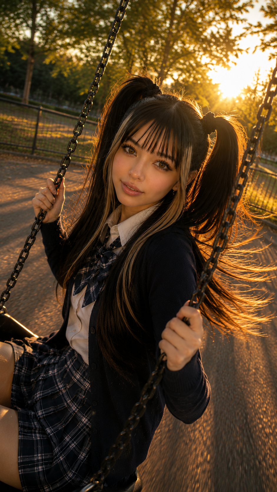 Primela Rose 4K golden-hour sunset park swing portrait in Japanese school uniform blazer, red plaid ribbon tie, pleated skirt, and twin-tails with blonde highlights