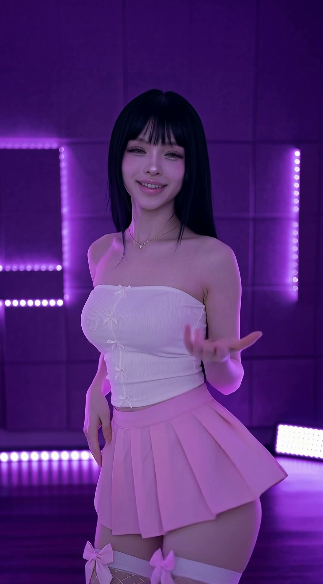 AI Generated Girl Primela Rose dancing in a purple neon K-pop LED studio wearing a white ribbed bow tube top, pastel-pink pleated mini skirt, and pink bow fishnet stockings