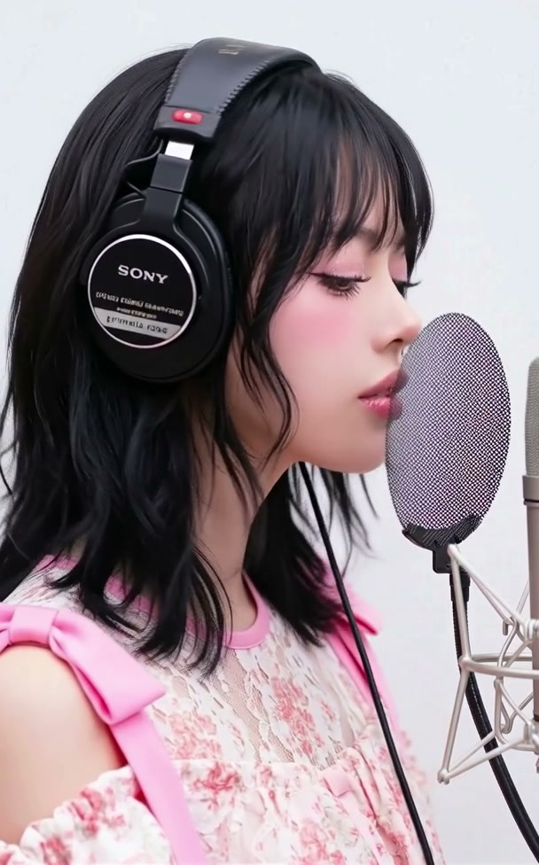 AI Generated Girl Primela Rose side-profile studio vocal session wearing Sony MDR-7506 studio monitor headphones, jet-black hair with wispy bangs, and pink floral lace dress with pink satin shoulder bows
