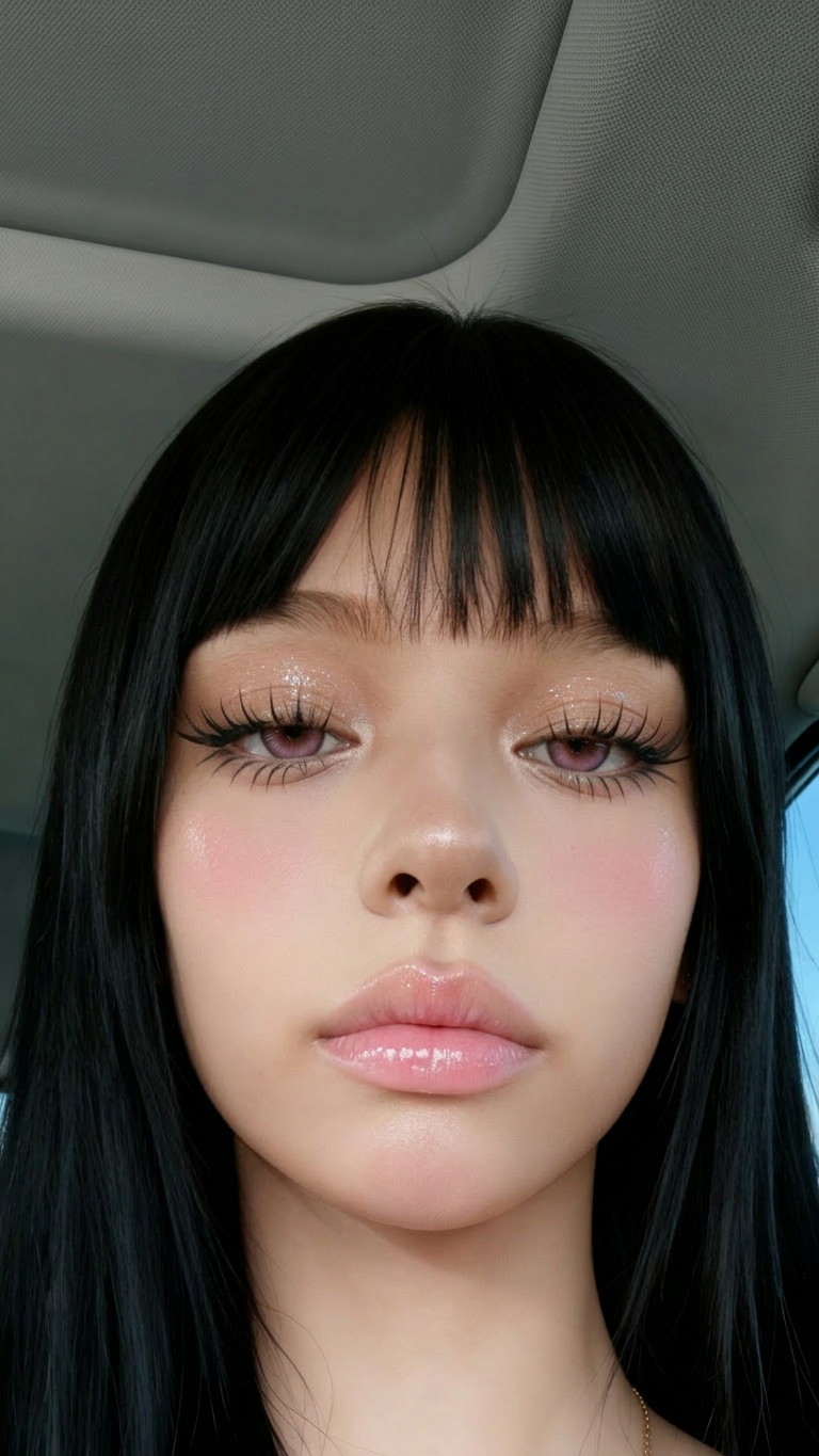 Hyper-realistic AI generated girl Primela Rose 4K macro close-up car selfie showing natural skin pores, subsurface scattering, silver-pink glitter eyeshadow, manga lashes, and glossy lips