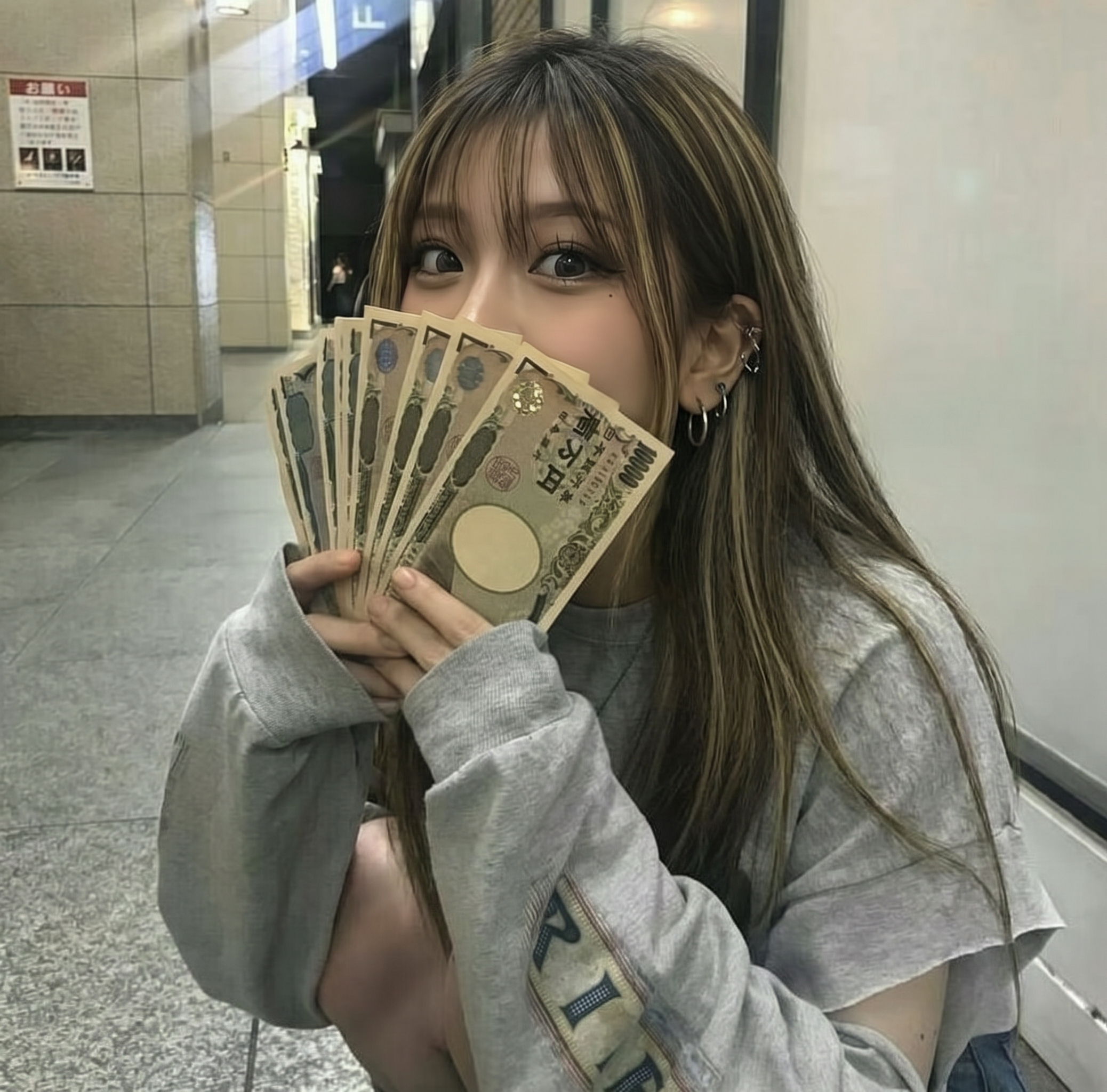 AI generated girl Primela Rose crouching in a Tokyo subway hallway fanning 10,000-Yen banknotes with honey-blonde highlights, silver hoop earrings, and vintage grey sweatshirt in 4K