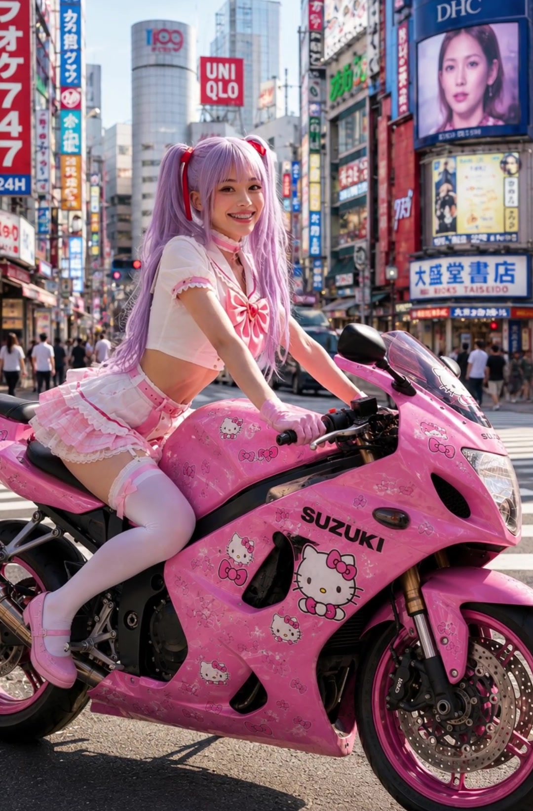 AI generated girl Primela Rose sitting on a custom pink Hello Kitty Suzuki Hayabusa sportbike motorcycle in Shibuya Tokyo with lavender twin-tails, red hair ribbons, sailor crop top, pink plaid mini skirt, and signature braces
